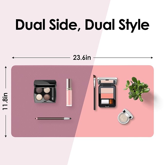 Makeup Mat for Vanity to Protect Desk Top 23.6 x 11.8in, Dual-Sided Makeup Mat, Easy to Clean Desk Pad - Waterproof and Oilproof Vanity Accessories (Dark Pink and Light Pink)