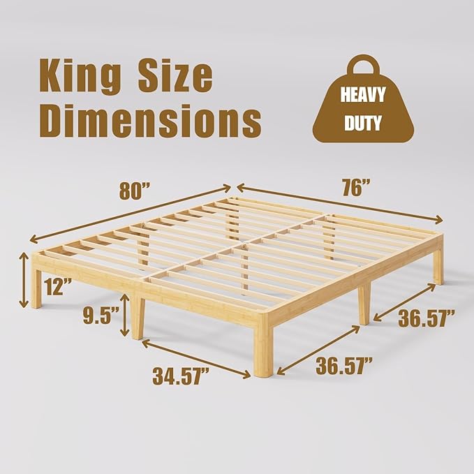 12 Inch High Bamboo Wood King Size Bed Frame Platform, Steel Slat Support King Bed Frame, No Box Spring Needed, Easy Assembly, Noise Free, Sturdy