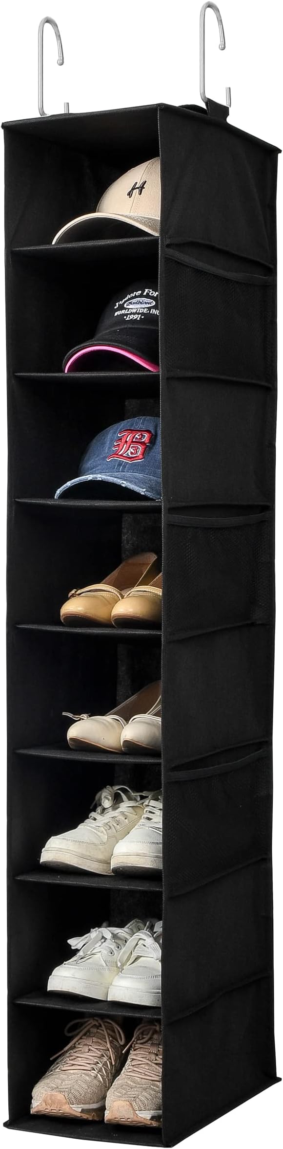 Berdeng Hanging Shoe Organizer for Closet with Side Mesh Pockets，Hat Racks for Baseball Caps，Shoe and Hat Holder & Storage，8-Shelf，Black，1 Pack