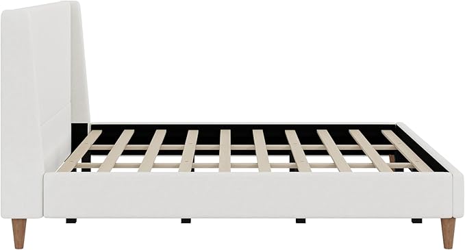 Merax Solid Wood King Size Boucle Bed Frame with Wingback Headboard, Modern Upholstered Platform with Walnut Wooden Legs, Strong Wooden Slats, No Box Spring Needed, Easy Assembly, Noise-Free, Ivory