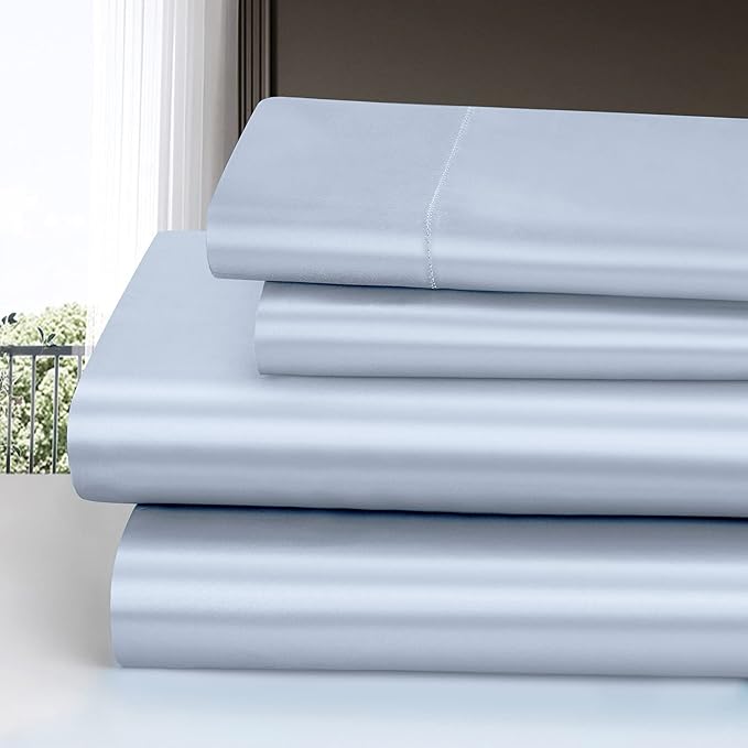 Homiest 4pcs Satin Sheets Set Luxury Silky Satin Bedding Set with Deep Pocket, 1 Fitted Sheet + 1 Flat Sheet + 2 Pillowcases (King Size, Baby Blue)