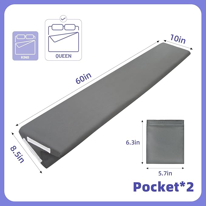 Vekkia 2-in-1 Queen Bed Wedge Pillow for Headboard Gap, Mattress Gap Filler Pillow to Cover 0-6" Gap, Bed Wedge Gap Filler with High-Density Foam, Removable Washable Cover, Gray, 60"x10"x8.5"
