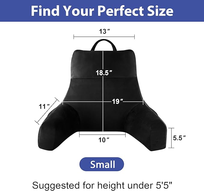 IPYNBAP Back Pillow for Bed Sitting up, Reading Pillow for Sitting in Bed Adult, Back Support Pillow, Memory Foam Sit up Lounge Backrest Pillow with Arms for TV, Couch, Chair, Dorm, 18 Inch, Black