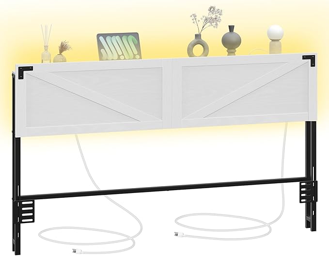 MAHANCRIS King Size Headboard Only, Headboard with 2 Outlets and 2 USB Ports, Farmhouse Headboard, with LED Lights, Secure Storage with Raised Fence, with Bed Frame Adapter, White and Black