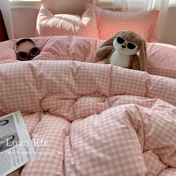 Nayoroom Gingham Duvet Cover Queen Size Reversible Pink Plaid Checkered Duvet Cover 3 Pieces Soft Breathable Washed Microfiber Girls Dorm Bedding Set for All Seasons