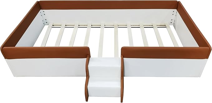 Merax Twin Size Kids Floor Bed, Upholstered Kids Daybed Frame with Fence and Stairs, Wood Bed for Living Room, White+Brown