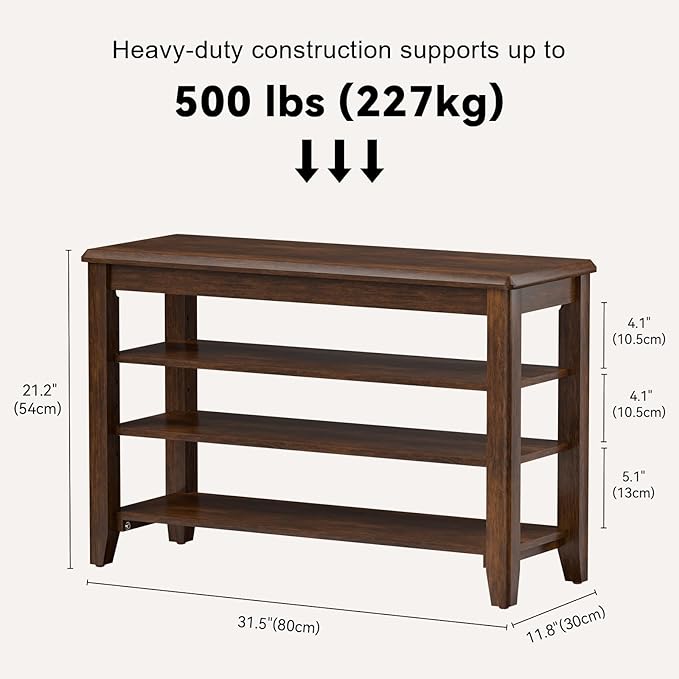 Taitiy Shoe Bench Storage Rubberwood, Entryway Bench with 3-Tiers Height Adjustable, Shoe Rack Front Door Entrance Organizer for Hallway Living Room, Mudrooms, Walnut,31.5"