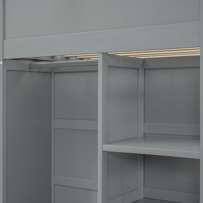Multi-Functional Twin Size Loft Bed with Built-in Desk and Wardrobes, Solid Wood Loft Bed Frame with 4 Drawers and 4 Shelves for Kids Teens Boys Adults, Maximize Space (Gray-t)