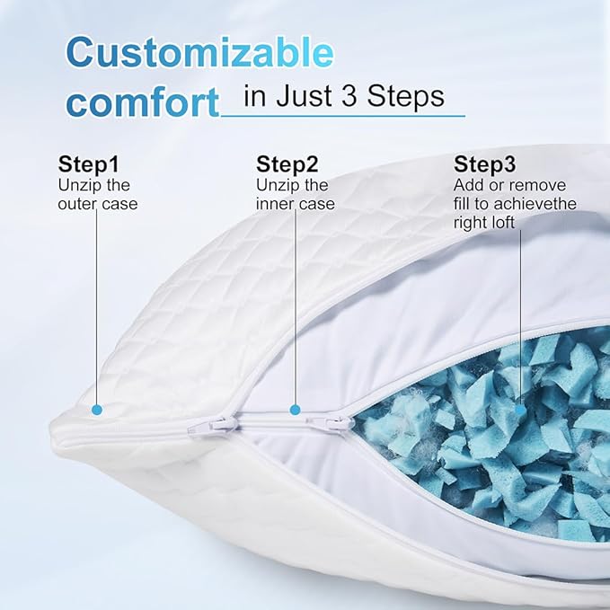 NTCOCO Cooling Bed Pillows Standard Size for Sleeping Shredded Memory Foam Bed Pillows Adjustable Gel for Side Stomach Back Sleepers Washable Removable Cover