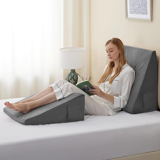 Bedluxe Wedge Pillow, 12 inch Bed Wedge Pillow for Headboard, Pillow Wedge for Acid Reflux Relief, Sleeping, After Surgery, Snoring, Gerd, Triangle Pillow Wedge - Cooling Memory Foam Top, Plush Grey