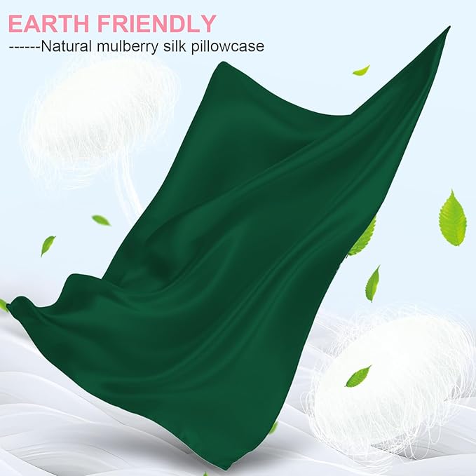 Silk Pillow Cases 2 Pack Standard Size with Hidden Zipper, Mulberry Silk Pillowcase for Hair and Skin, Smooth and Soft Breathable Cooling Silk Satin Pillowcase Set of 2, Gifts for Women，Olive Green