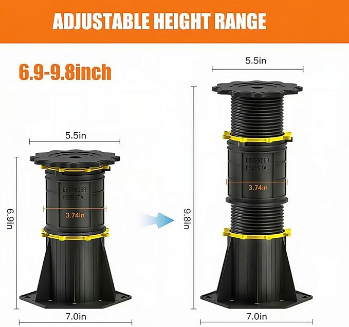 4 Pcs Adjustable Bed Support Legs 6.9-9.8 Inch, 4400LBS Heavy Duty No Drill Bed Frame Center Support, Anti-Wobble Bed Slats Support for Wooden Slats/Bed Base (6.9-9.8 inch (4pcs))