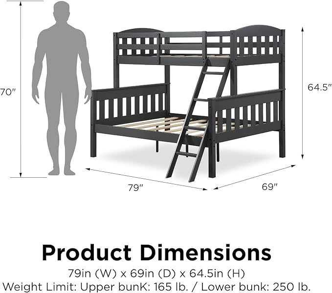 DHP Airlie Convertible Wood Bunk Bed Twin Over Full Size, Stackable and Detachable Bed Frames for Kids, Teens, Angled Ladder, High Guardrail, Wood Slats, No Boxspring Required, Grey