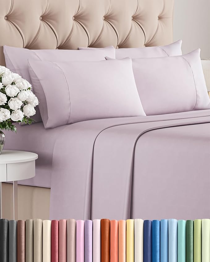 Full 6 Piece Sheet Set - Comfy, Breathable & Cooling - Soft Hotel Luxury Bedding for Women, Men, Kids, Teens and Children - 1 Flat & 1 Fitted Sheet & 4 Pillowcases with Deep Pockets - Light Lavender