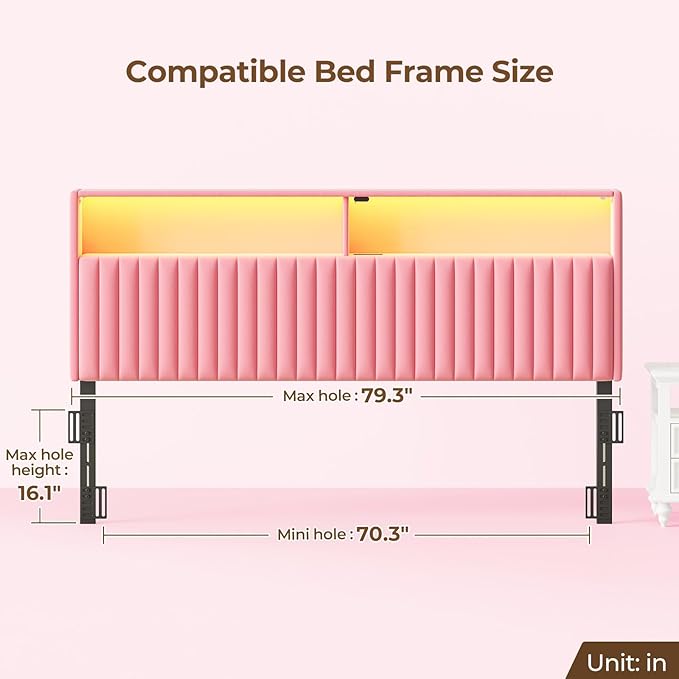 Rolanstar Headboard for King Size Bed with Storage, Head Board with USB & Type C Port, 60,000 DIY Color of LED Light, Velvet Upholstered, Height Adjustable, Sturdy, Easy Assembly, Pink