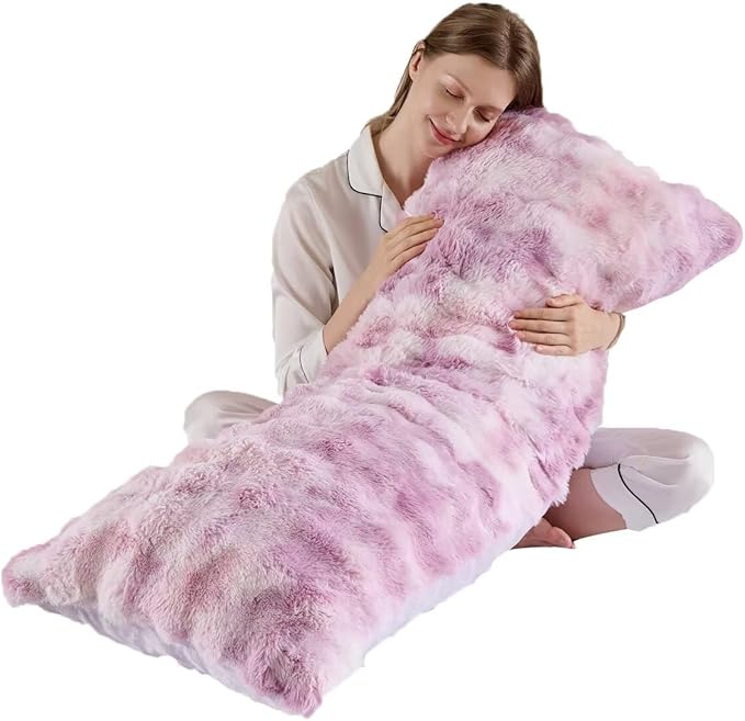 Luxury Shaggy Faux Fur Body Pillow,Fluffy Bed Pillow with Zipper Closure,Soft Decorative Plush Full Long Pillows,Fuzzy Hug Pillow for Living Room Side Sleeper & Pregnancy 20"x54" Tie-dye Lavender