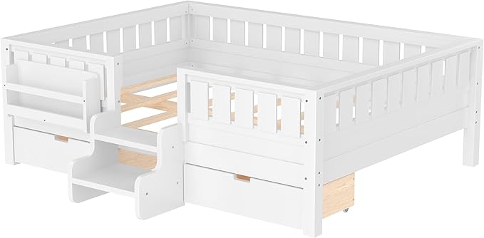 Bellemave Full Size Kids Montessori Bed with Stairs and Bookshelf,Solid Wood Full Size Kids Bed Frame with Drawers and Storage for Girls Boys,Low-Profile,White