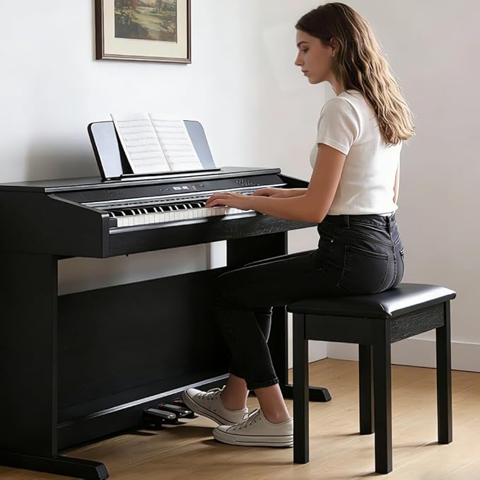 Sanpuli Solid Wood Piano Bench with Storage, Piano Stool and Padded Cushion, Keyboard Bench with Bookcase, Piano Chair and Piano Seat with High-Density Sponges.