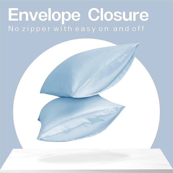 MR&HM Satin Pillowcase for Hair and Skin, Silk Satin Pillowcase 2 Pack, King Size Pillow Cases Set of 2, Silky Pillow Cover with Envelope Closure (20x40, Light Blue)