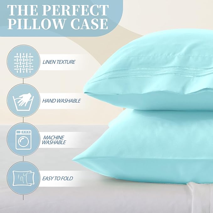 Vonty 2 Pack King Pillow Cases - 20x40 Inch, 1800 Thread Count Microfiber Pillowcases King Size Aqua Blue Pillow Cases Luxury & Soft Embroidered Bed Pillow Covers with Envelope Closure