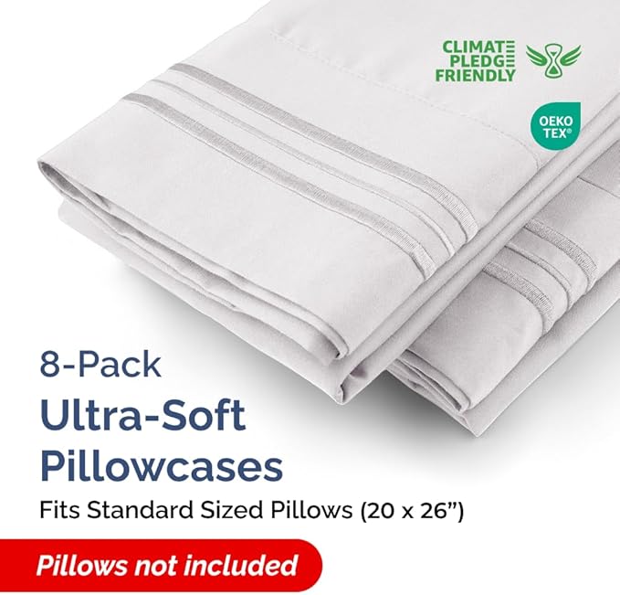 Standard Pillow Cases Set of 8 - Ultra Soft Hotel Quality Pillowcase Covers - Comfy & Wrinkle Free - Shrink, Stain and Fade Resistant - Machine Washable Pillow Protectors - 8 Piece Set - French Grey