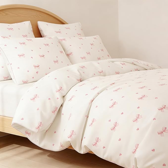 Nayoroom Pink Bow Duvet Cover Queen Size Coquette Pink Heart Duvet Cover 3 Pieces Soft Lightweight Microfiber Kids Girls Cute Aesthetic Dorm Bedding Set