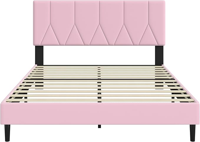 Queen Bed Frame, Padded Platform Bed Frame with Velvet Headboard, Vertical Quilted Design, Sturdy Slatted Mattress Base, No Spring Mattress Required, Easy to Assemble, Pink