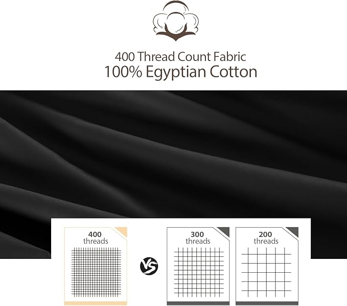100% Egyptian Cotton Standard Pillow Protectors Set of 4, 400 Thread Count Sateen Weave Cooling Pillowcase, Easy Care Zippered Style Pillow Covers (4 Pack, Black, Standard)