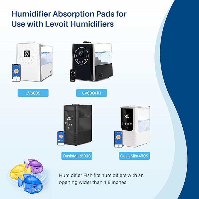 Humidifier Filter Replacement for LEVOIT, Mineral Absorption Pad Compatible with LV600S, LV600HH, OasisMist450S, Capture Particles in Tank to Improve Humidification- 20 Filters and 6 Humidifier Fishs