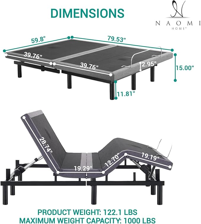 Naomi Home Idealbase Queen Adjustable Bed Frame with Lumbar Support & Head Tilt, Foot Incline, Back & Leg Massage, USB Ports,Wireless Remote, Ergonomic Zero-Gravity Smart Bed