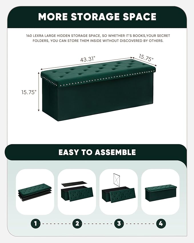 B FSOBEIIALEO Storage Ottoman Bench, Folding Tufted Ottoman with Storage, Extra Large 140L Toy Chest Bench for Bedroom, Luxury Velvet Fabric, 43 Inches Green