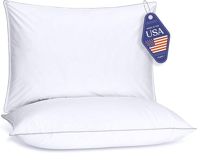 FluffCo Basics Down Alternative Bed Pillows - Cooling Cotton Shell with Supportive Gel-Fiber Fill - Pillows for Side, Back, and Stomach Sleepers - Made in USA - Standard/Queen Size, Set of 2