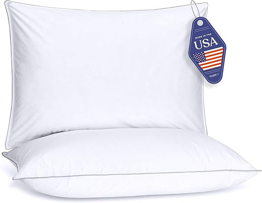 FluffCo Basics Down Alternative Bed Pillows - Cooling Cotton Shell with Supportive Gel-Fiber Fill - Pillows for Side, Back, and Stomach Sleepers - Made in USA - Standard/Queen Size, Set of 2