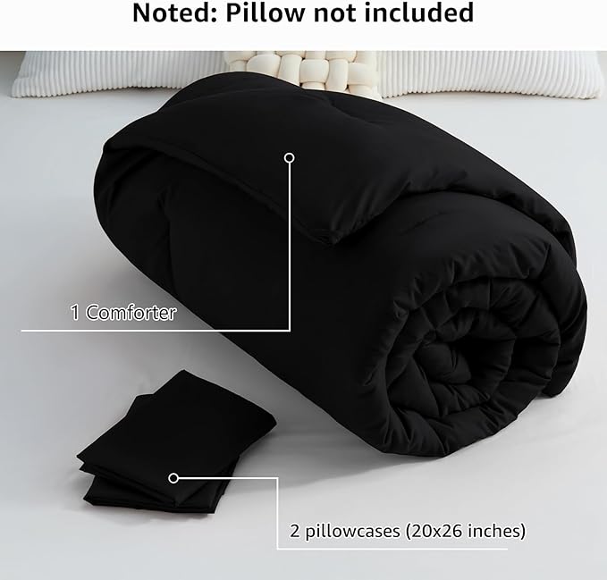 CozyLux Queen Comforter Set Black, 3 Pieces Solid Comforters Queen Size Breathable Quilted Bedding Sets, Luxury Soft Microfiber Down Alternative Comforter for All Season (1 Comforter & 2 Pillowcases)