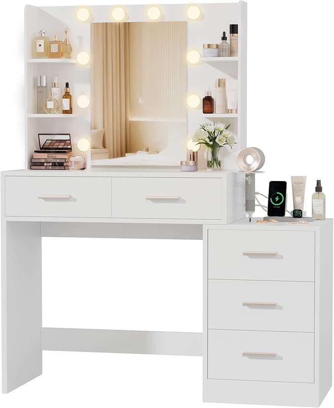 Furmax Makeup Vanity Desk with Mirror and Power Outlet, Vanity with 3 Color Light Options Adjustable Brightness, Vanity Table with 5 Drawers, 6 Storage Shelves, Nightstands (White)