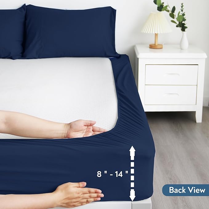 2 Pack Twin Mattress Protector, Waterproof Bed Fitted Sheet, Machine Washable 14" Deep Pocket Mattress Covers for Kids Bed, Navy Blue