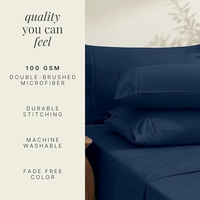 Hearth & Harbor Extra Deep Pocket Queen Sheets Sets - Fits Mattress 18-24 Inches Deep - Extra Deep Pocket Sheets - 6 Piece Queen Size - Navy Blue