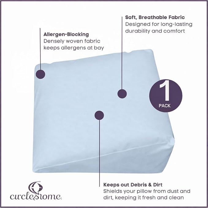CirclesHome Wedge Pillow Cover 100% Cotton, Zippered Wedge Pillow Case Protector, Soft, Hypoallergenic & Breathable -Light Blue, (25Wx26Lx7.5)