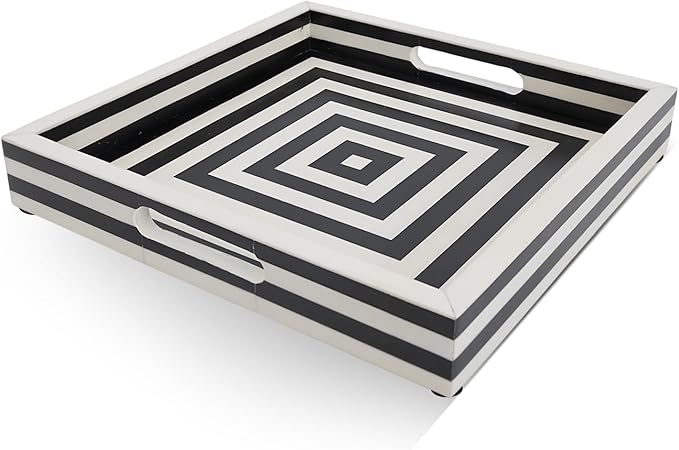 Handicrafts Home 12x12 Decorative Tray for Coffee Table, Centerpiece & Vanity, Black and White Resin Inlay Concentric Pattern Inspired Tray, Square Ottoman Tray for Home Decor, Perfume Organizer