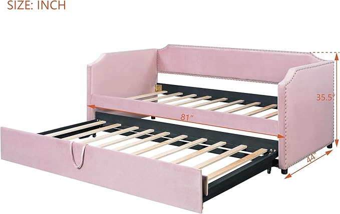 Merax Multifunctional Upholstered Extending Daybed with Trundle Twin to King, Velvet Sofa Bed with Wood Slats, No Box Spring Needed Pink