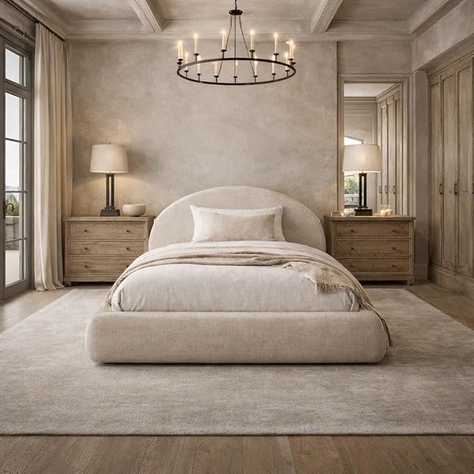 Round Bed – Washable Zip Cover - Upholstered Linen Soft Foam - Modular Minimalist Modern - Half Circle Moon - Sold Sold Separately (Beige Linen, Twin Base)