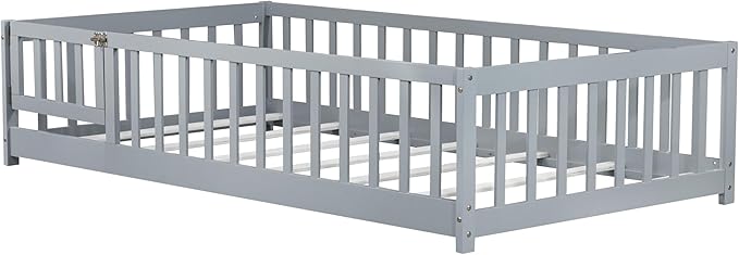 Bellemave Montessori Twin Floor Bed Frame with Fence and Removable Door, Low Profile Twin Size Montessori Bed Frame for Kids, Solid Wooden Floor Beds for Bedroom,Nursery, Grey