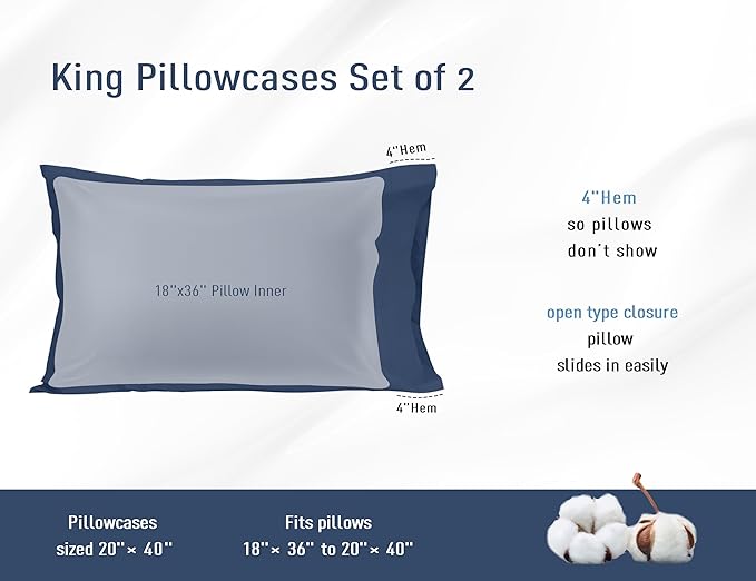 Pillow Cases, King Size Cotton Percale Weave Pillowcases, Pre-Shrunk Breathable and Hypoallergenic Pillowcases, Set of 2 (2 Piece King 20 Inch x 40 Inch, Crown Blue)