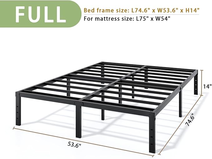LUMUNANCE Metal Bed Frame Full Size - 14 Inch Heavy-Duty Full Platform Bed Frame No Box Spring Needed, Easy Assembly, Noise-Free, Sturdy Mattress Foundation, Underbed Storage Space