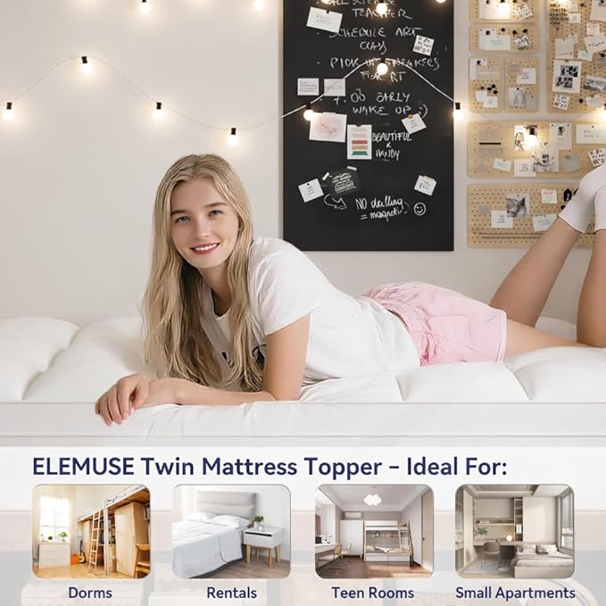 ELEMUSE Twin Mattress Topper for Back Pain, Extra Thick Mattress Pad Cover, Plush Soft Pillowtop with Elastic Deep Pocket, Overfilled Down Alternative Filling