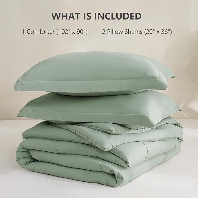 CozyLux King Size Comforter Set - 270GSM Sage Green Bedding Sets for All Seasons Size, 3 Pieces Box Stitched Bed Set with 1 Down Alternative Comforter and 2 Pillow Shams, Soft, Lightweight, Durable