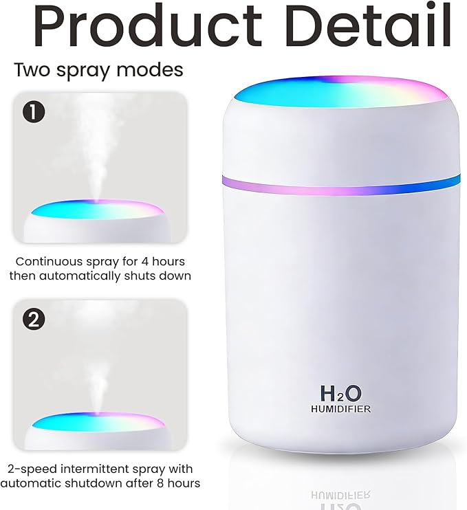 Portable Colorful Cool Mini Humidifier, USB Personal Desktop Humidifier,. Perfect for Bedroom, Office & Car(300ml, White)