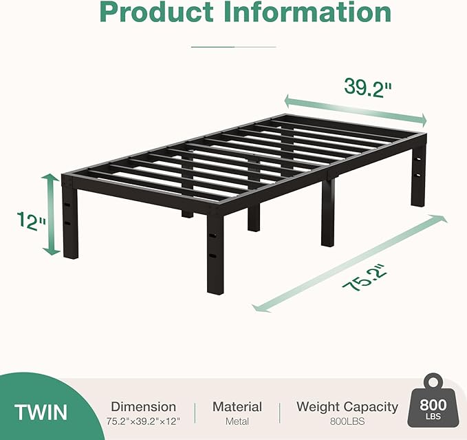 Novilla Bed Frame Twin, 12 Inch Simplicity Metal Platform Twin Size Bed Frame with Underbed Storage, No Box Spring Needed, Heavy Duty Steel Slat Support, for Bedroom, Guest Room, Noiseless