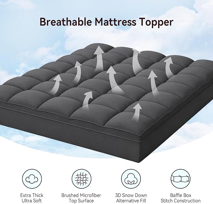 ABENE Mattress Topper Queen for Back Pain Relief, Extra Thick Mattress Pad Pillowtop, Soft Mattress Protector Cover with 8"-21" Deep Pocket, Overfilled Down Alternative Filling (Gray, Queen)