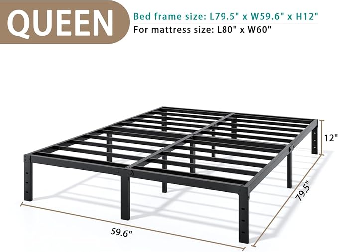 LUMUNANCE Metal Bed Frame Queen Size - 12 Inch Heavy-Duty Queen Platform Bed Frame No Box Spring Needed, Easy Assembly, Noise-Free, Sturdy Mattress Foundation, Underbed Storage Space
